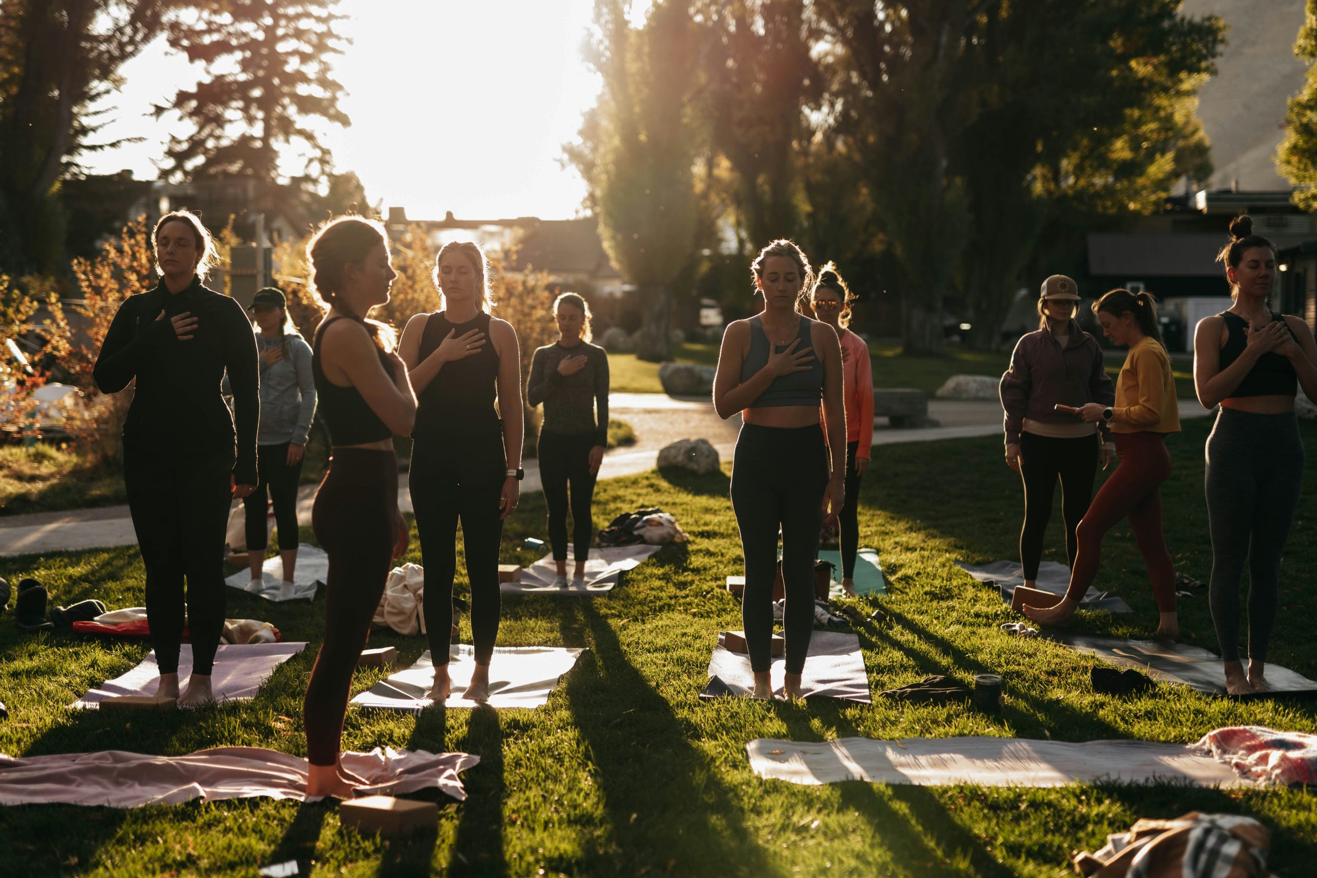 Wellness trends in South Africa: Yoga class outdoors on a sunny day, promoting health and mindfulness.