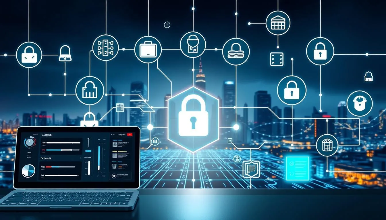 WordPress website security: Laptop showing security dashboard with lock icons over a city skyline, emphasizing online protection.