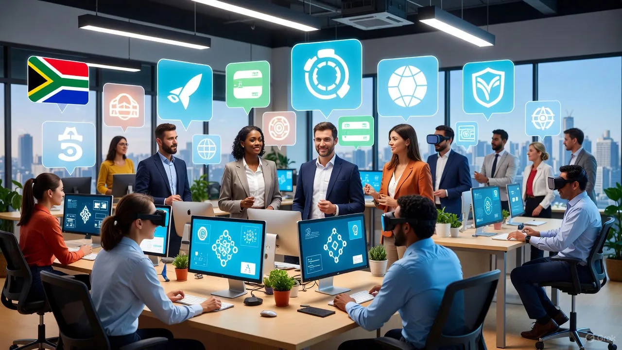 AI Design Tools Transforming South African Creativity. Team uses VR in a modern office, South Africa flag visible.