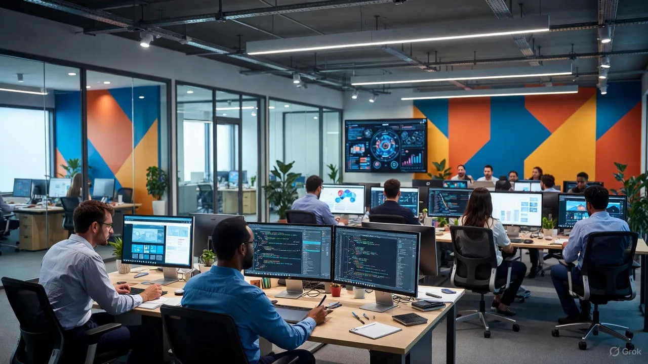 Web design trends 2025: Team collaborating in modern office on graphic and marketing strategies. Stay ahead in business.