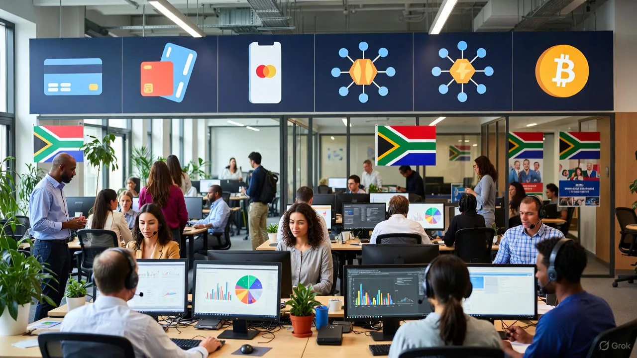 Fintech disruption in South Africa, 2025. Team collaborating on financial technology solutions for South African creatives.